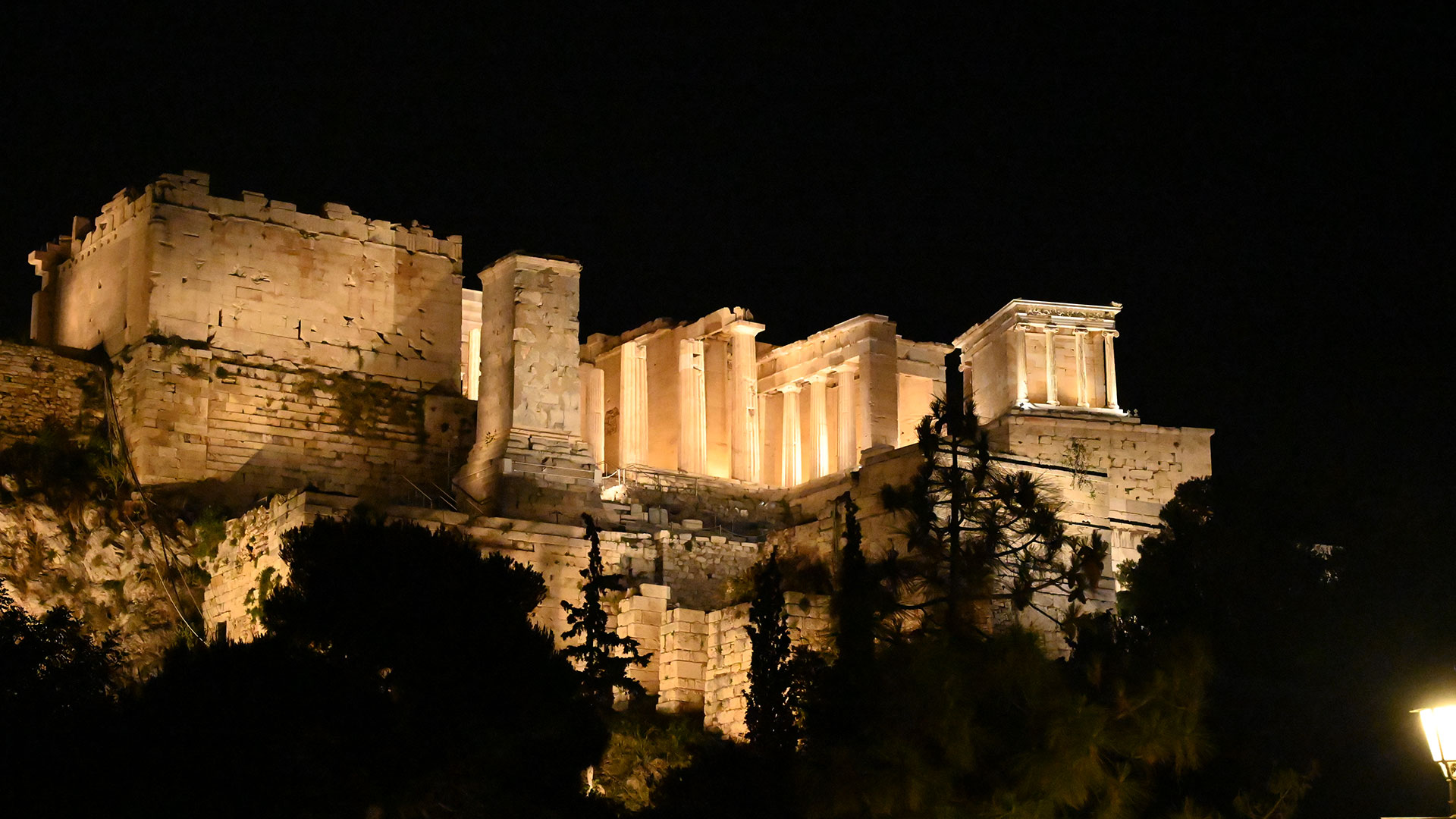 Illuminated ruins in Greece at night