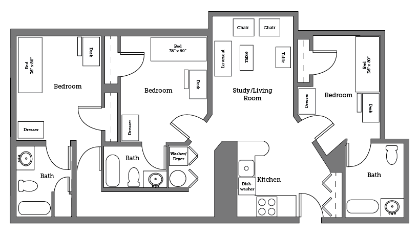 Christopher Newport University Apartments' three room layout.