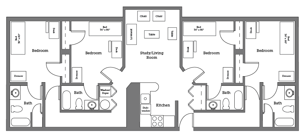 Christopher Newport University Apartments' four room layout.