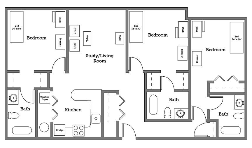 Christopher Newport University Village three room layout.