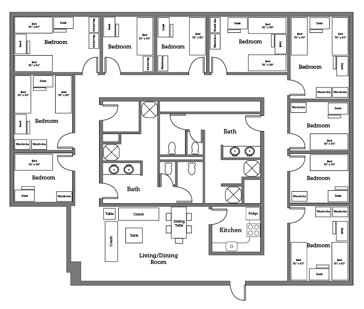 Christopher Newport University James River Hall theme unit floor plan.