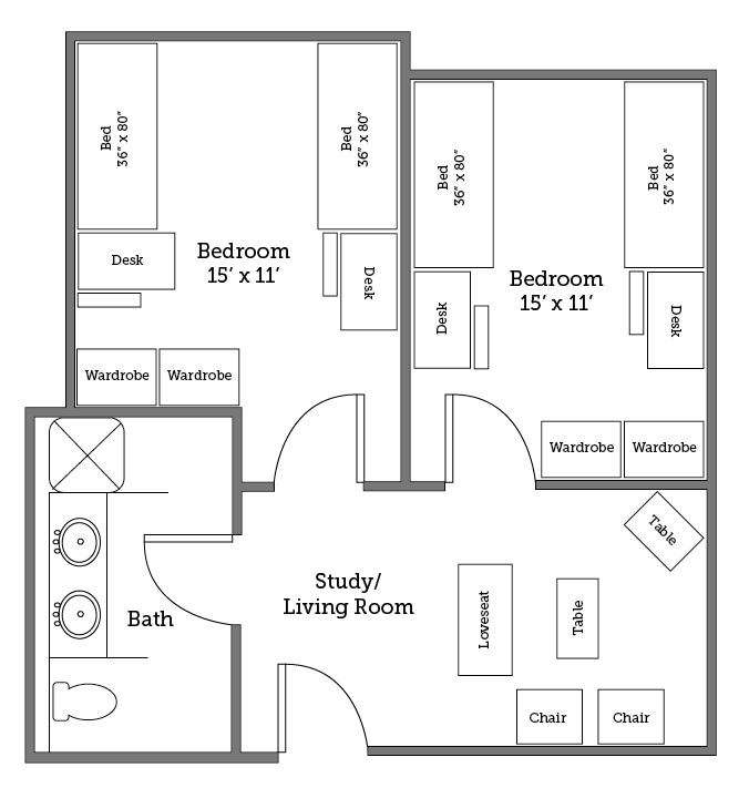 Christopher Newport University Potomac River Hall suite floor plan.