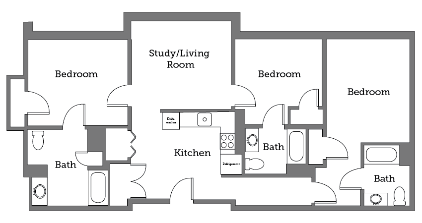 Christopher Newport University Presidents Hall three room floor plan.