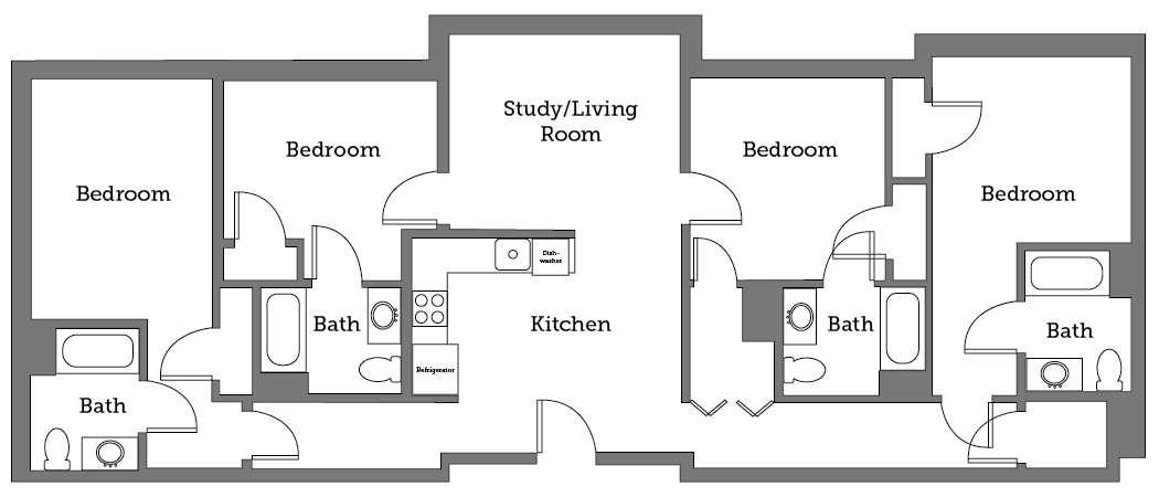 Christopher Newport University Presidents Hall four room floor plan.