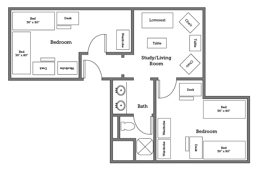 Christopher Newport University Warwick River Hall four bed floor plan.