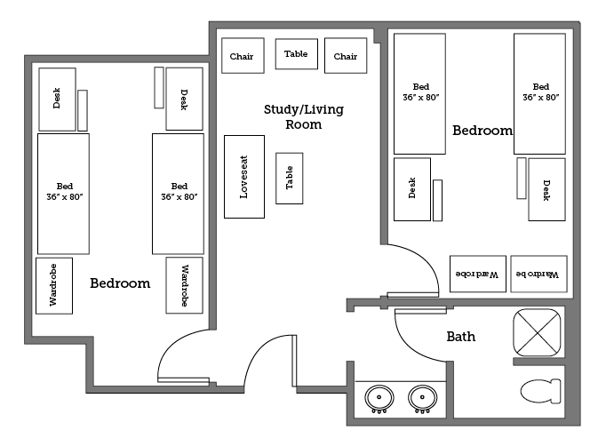 Christopher Newport University Warwick River Hall four bed floor plan.