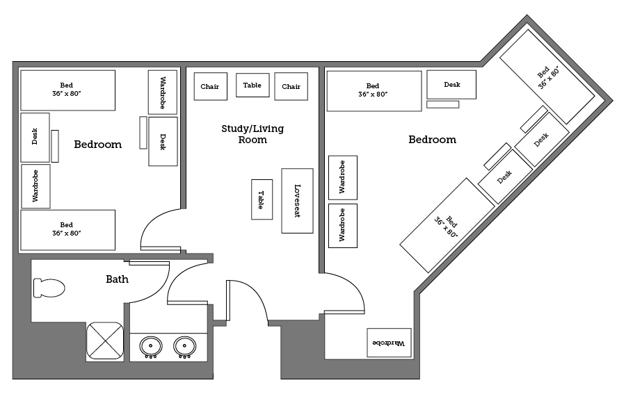Christopher Newport University Warwick River Hall five bed floor plan.