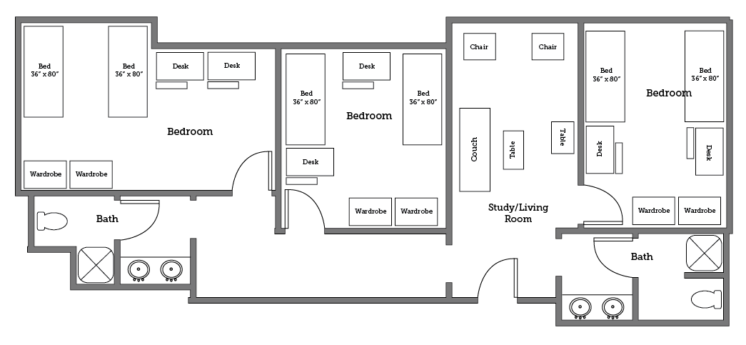 Christopher Newport University Warwick River Hall six bed floor plan.