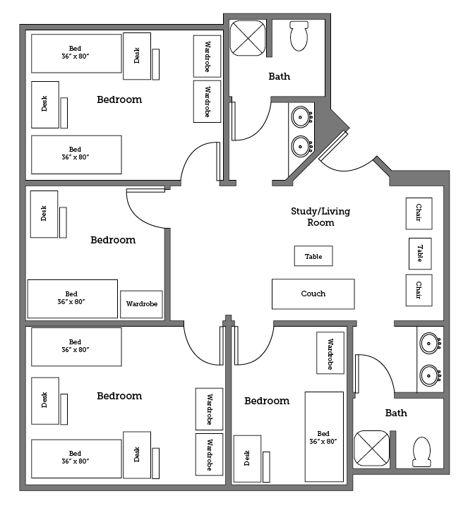 Christopher Newport University Warwick River Hall six bed floor plan.