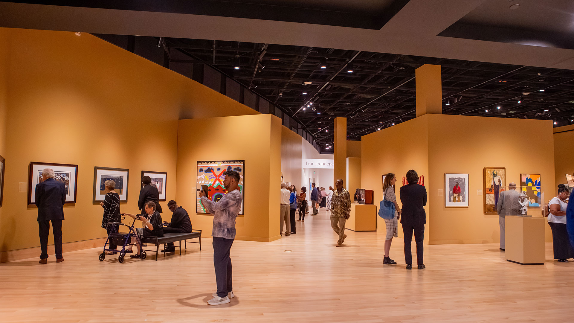 People standing and admiring art.
