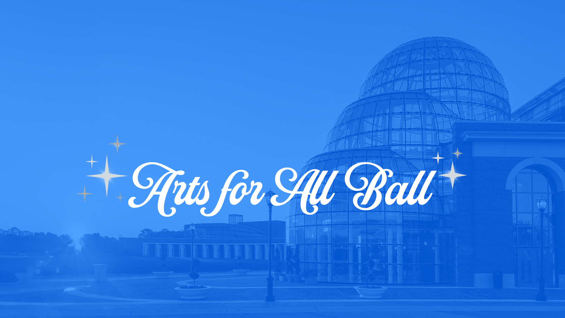The Torggler and Ferguson Centers on the campus of CNU with a blue overlay. The words Arts for All Ball are in the center in silver.