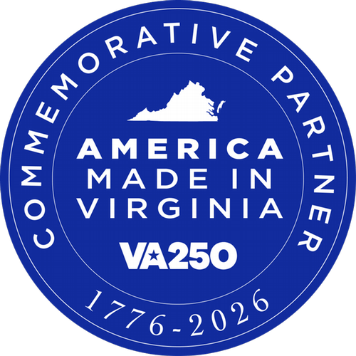 Blue circular VA250 seal featuring Virginia's silhouette, America Made in Virginia, and dates 1776–2026 on a blue background.