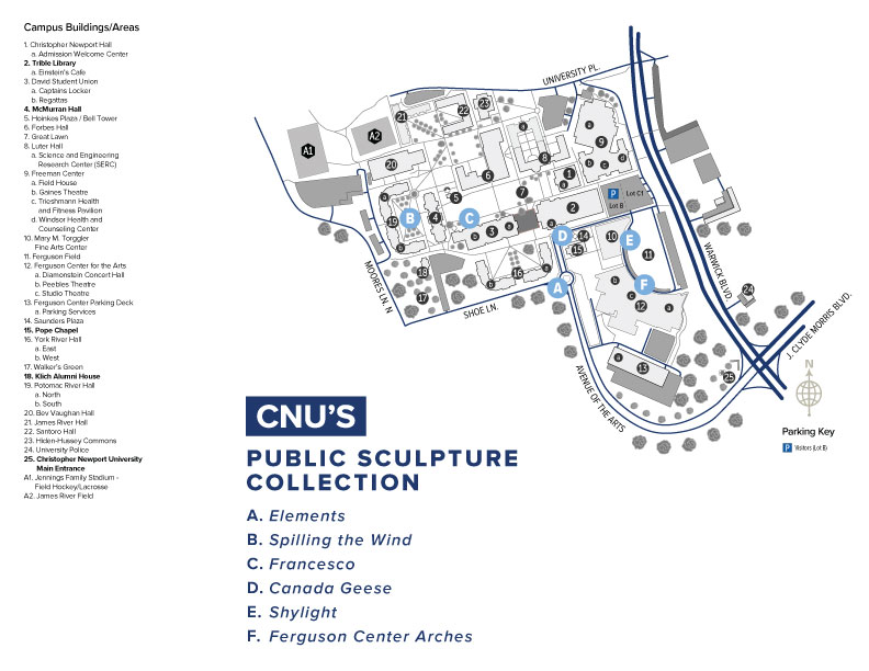 A map and key of works of public art around campus.
