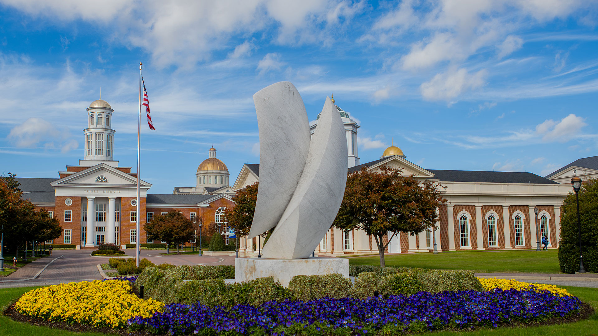 The sculpture Elements with CNU campus buildings in the background