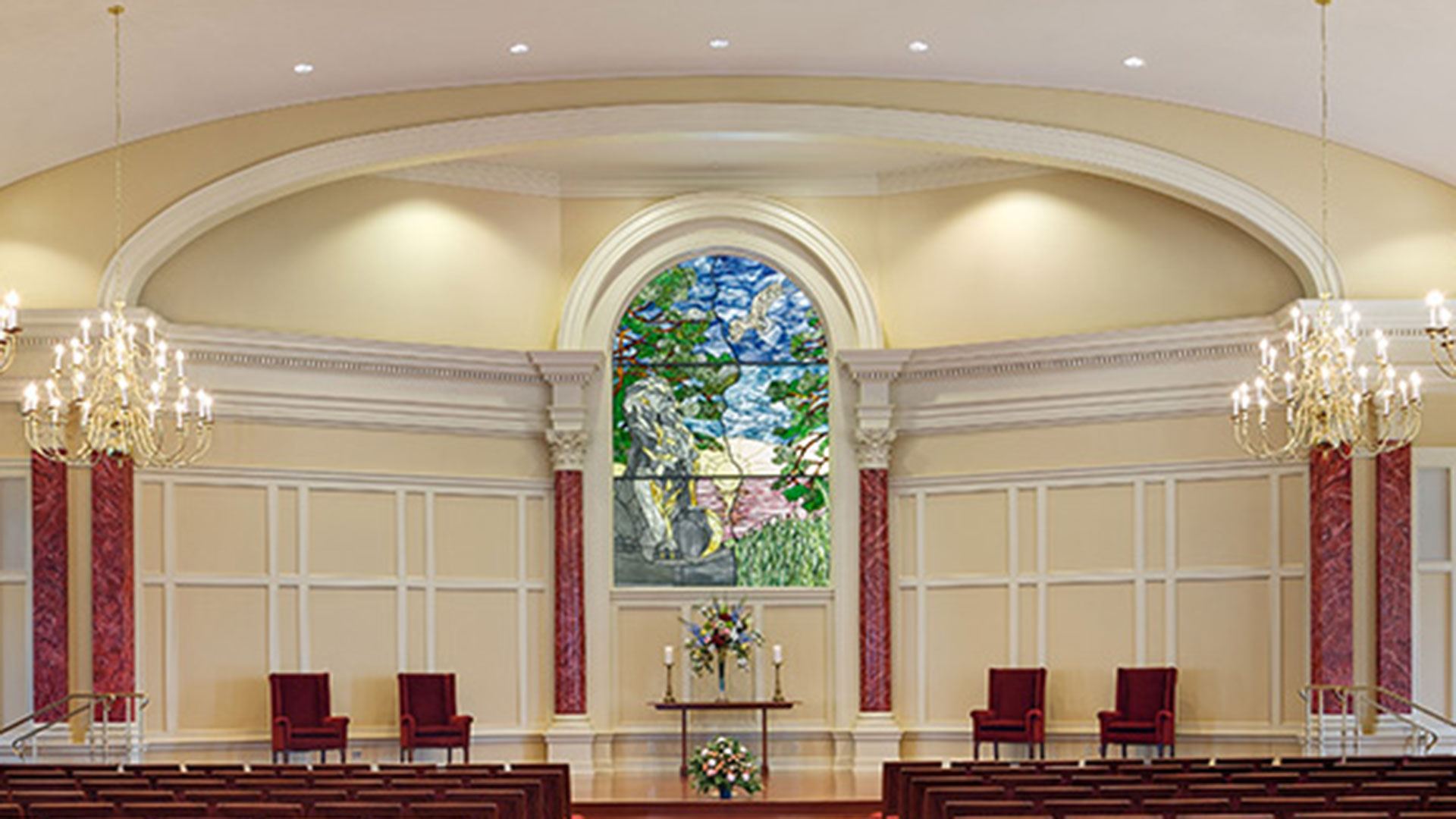 Interior of Pope Chapel and the stain glass window
