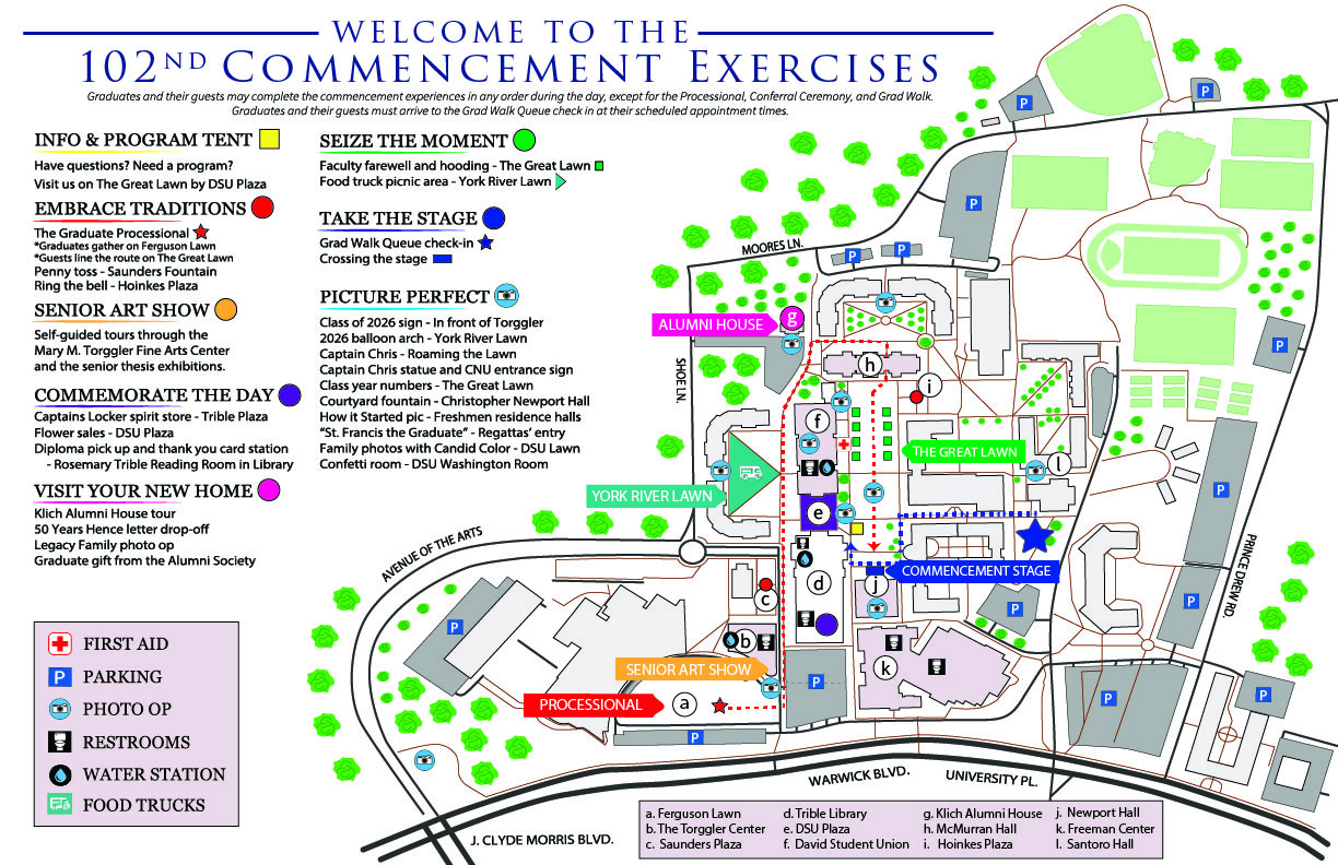 An aerial view of Christopher Newport University with markers for Commencement activities.
