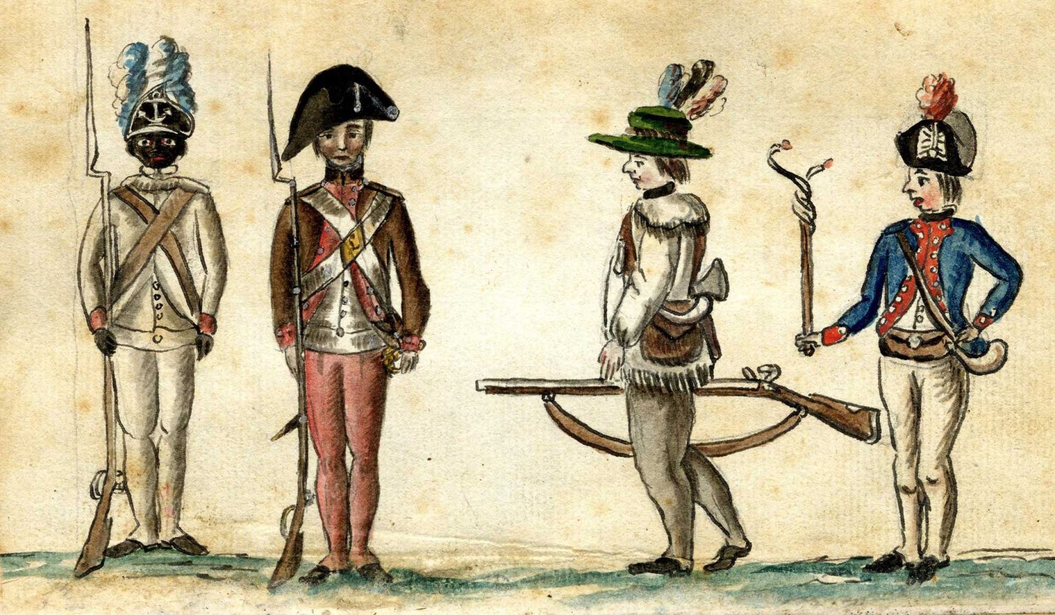 This watercolor drawing by Jean Baptiste Antoine de Verger depicts four soldiers in the Continental army during the 1781 siege of Yorktown. 