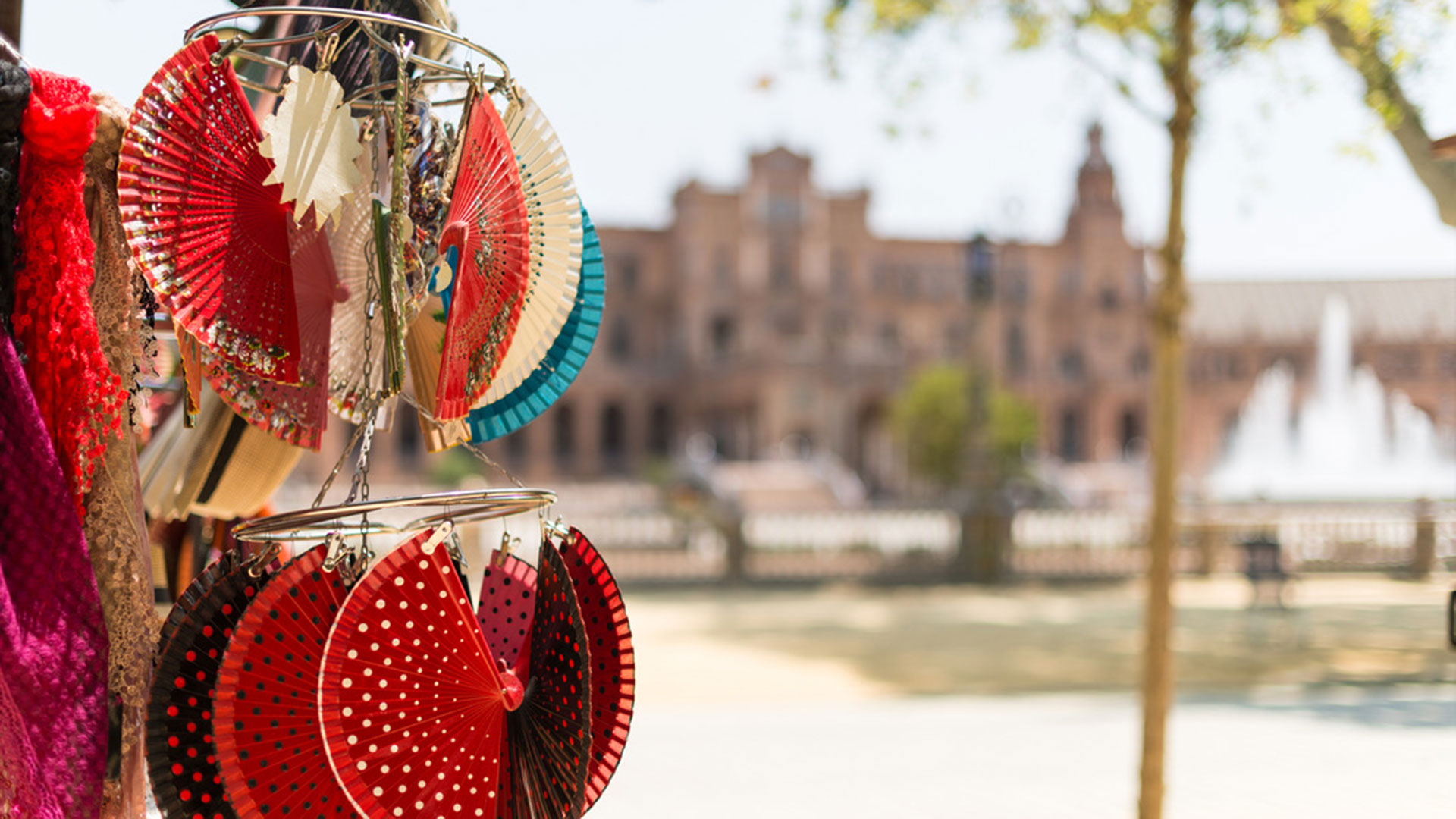 Close-up of Spanish fans in a courtyard